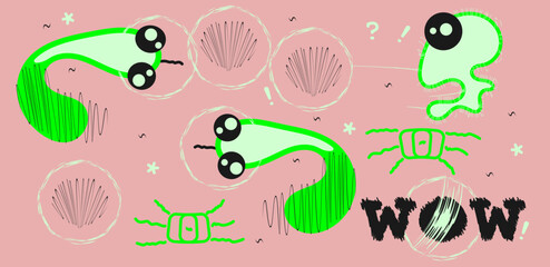 A set of funny characters. Doodle. The snake and the alien. Green baby snakes and a tiny alien