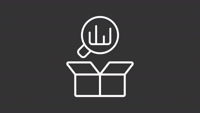 Product analytics white animation. Analyzing data line animated icon. Magnifying glass with chart flying out from box. Isolated illustration on dark background. Transition alpha video. Motion graphic