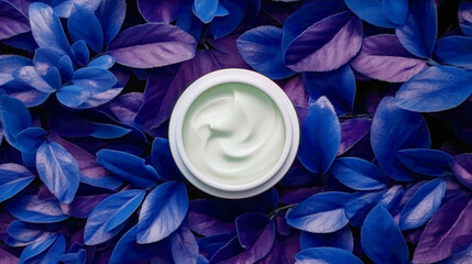 Hand cream on a background of purple leaves. Skin care concept.  