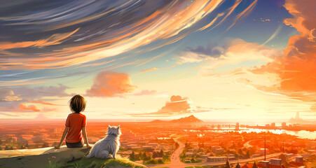 Obraz premium illustration painting style with child or kid and dog siting on high hill and looking to the wide cityscape in wonder light.inspiration and motivation idea.generative ai technology