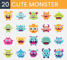 Obraz premium Cute monster character colorful silhouette head face flat icon set. Contains cartoon scary funny kids vector illustration such tooth fang, alien, eye, mouth. Happy halloween. White background.