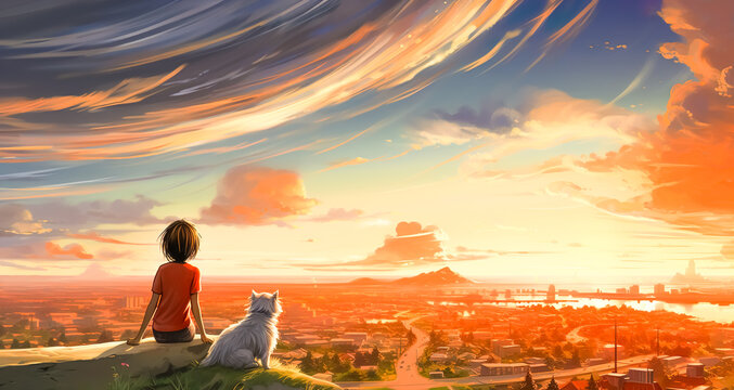 illustration painting style with child or kid and dog siting on high hill and looking to the wide cityscape in wonder light.inspiration and motivation idea.generative ai technology