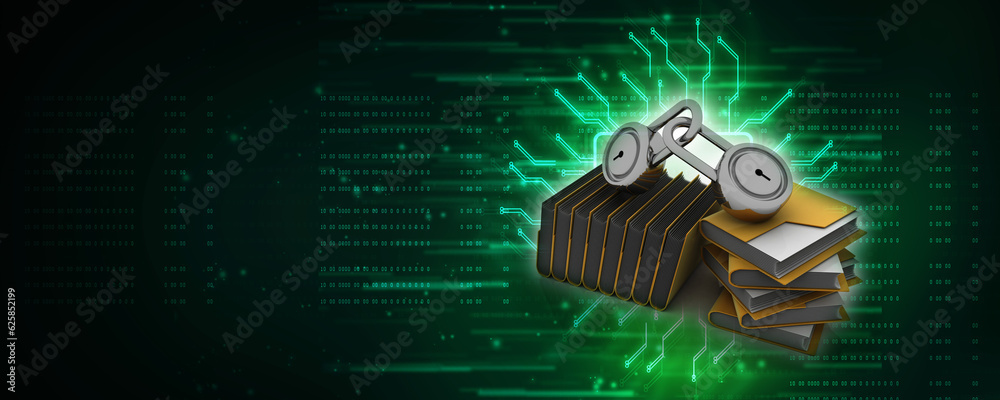 Poster 3d rendering yellow folder and lock. data security concept