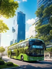 Obraz premium Sustainable Cityscape: A Green Energy Double-Decker Bus in Motion