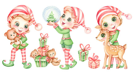Obraz na płótnie Canvas Set of cute Christmas elves with gifts. Watercolor clipart cute Santa's little helpers gnomes and presents isolated on white background. Hand drawn cartoon for Merry Christmas and Happy New Year cards