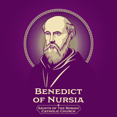 Catholic Saints. Benedict of Nursia (480-548) often known as Saint Benedict, was an Italian Christian monk, writer, and theologian who is venerated in the Catholic Church. He is a patron saint of Euro - obrazy, fototapety, plakaty