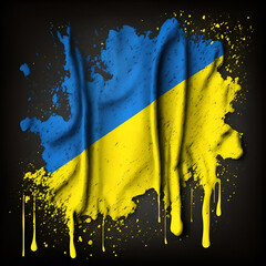 .Ukrainian flag on a black background yellow and blue strokes of paint in the shape of the flag of Ukraine with poles and splashes.