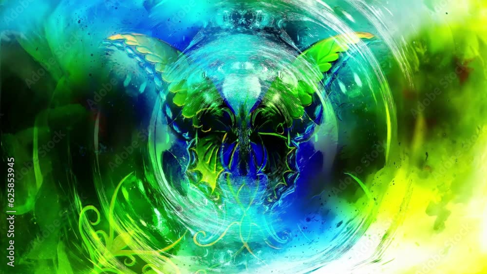 Poster flying butterfly with cala flower in cosmic space. graphic design and glass effect. loop animation