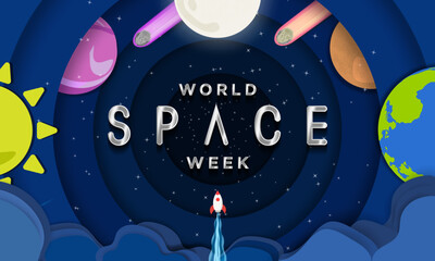 Set of World Space Week metallic typography and pop up paper art concept style banner. Cute Origami Planets with texture, blue and red asteroids, and rocket ship launching into space. Vector Art.