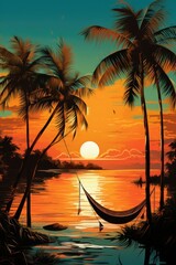 In the foreground, there is a boat on the water with three palm trees, an orange sky, and a sun in the background. (Generative AI)