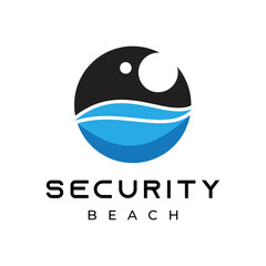 Security logo Monocular Lens Symbol with Sea Ocean Waves for Beach Watches vector design template