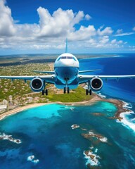 Fototapeta premium A plane flies over the sea, viewed from above. (Generative AI)