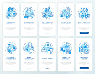 2D icons representing data democratization mobile app screen set. Walkthrough 5 steps blue graphic instructions with thin line icons concept, UI, UX, GUI template.
