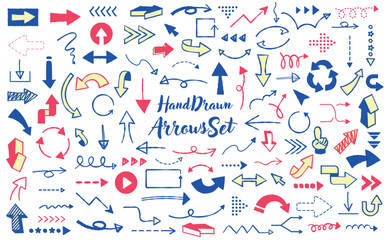 おしゃれインクペン手描きの矢印・アローベクターアイコン素材セット_赤青_背景透過