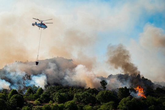 Helic&oacute;ptero a transportar &aacute;gua para apagar um inc&ecirc;ndio florestal que arde num pinheiral deixando uma grande nuvem de fumo branco e negro