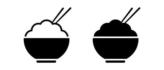 Rice bowl and chopstick vector icon set. Asian food symbol in circle