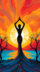 Serenity and yoga practicing. Silhouette of a woman on the background of the sunrise. Generative AI