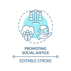 Editable promoting social justice concept blue thin line icon, isolated vector representing data democratization.