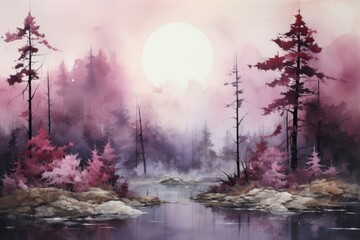 A foggy forest painting featuring tall pine trees, purple sky, and white clouds. (Generative AI)