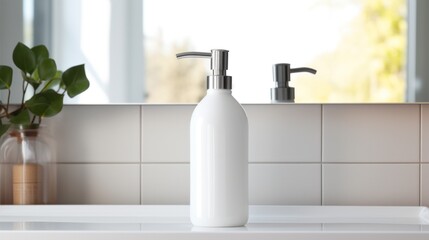 Fototapeta na wymiar White liquid soap pump bottle in home bathroom interior, body wash and care cosmetic product packaging mockup.