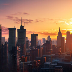 A city skyline at twilight, where the sun sets behind the skyscrapers, illuminating the buildings with a soft, warm light.