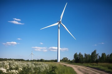 Wind Turbine in a Rural Landscape on a Sunny Day, Symbolizing Renewable Energy. Generative Ai.