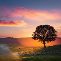 A peaceful countryside scene with rolling hills and a lone tree silhouetted against a vibrant and dreamy sunset sky.