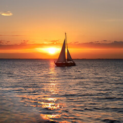 A sailboat gliding across the horizon as the sun dips below the waterline, creating a breathtaking...