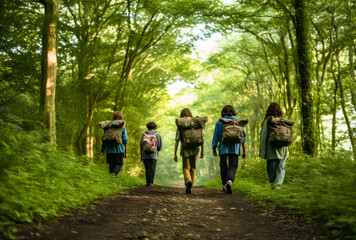 Fototapeta premium teenagers in green woodland on forest path hiking