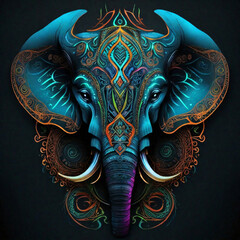 Elephant head decorated with tattoos, shades of blue color