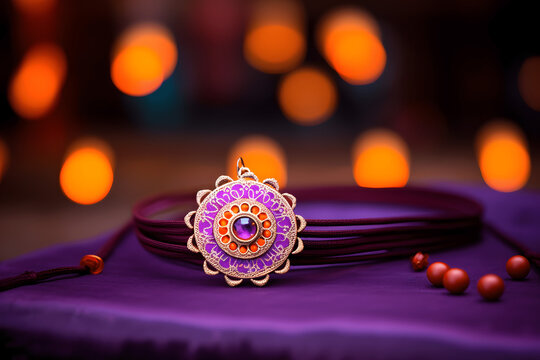 Raksha Bandhan banner image of a purple Rakhi on a purple table with bokeh background - AI Generated 