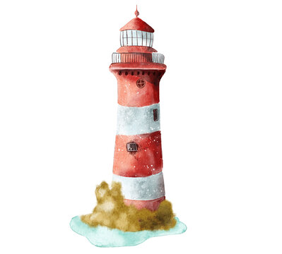 Seaside cartoon lighthouse cute watercolor illustration