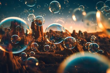 Dreamy Giant Shimmering Bubbles flout Amidst the Starry Night Sky of an Enchanting Desert. generative Ai. - obrazy, fototapety, plakaty