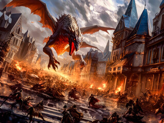 an artwork for the fantasy battlefront against two armies, one of them has a dragon flying over the battle