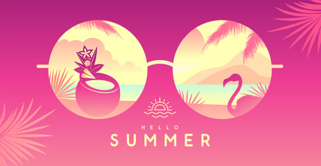 Colorful summer background with round shaped sunglasses and tropic beach landscape. Vector illustration