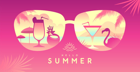 Colorful summer background with sunglasses silhouette and tropic beach landscape. Vector illustration