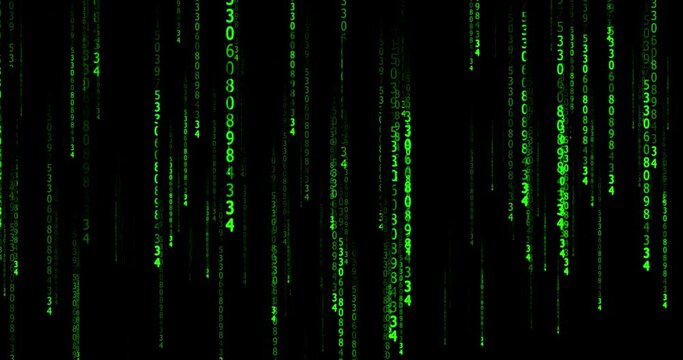 Green binary code on black background, random numbers, binary algorithm, matrix style binary code. Digital data display. data code, encryption and coding. abstract background.