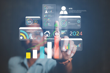 2024 business concept, businessman or engineer Show the trend of driving digital currency to develop online business.	
