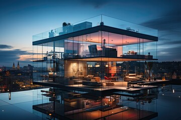 modern building in the city at night and beautiful landscaping