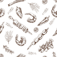 Hand-drawn vector seamless pattern of kebabs, shrimp, greens, mushrooms. Vintage doodle illustration. Sketch for cafe menus and labels. The engraved image.