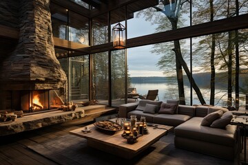 Interior of a modern living room with a large window overlooking the lake