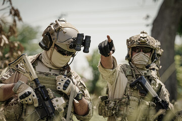 United States Army ranger during the military operation. Professional marine soldiers training with...