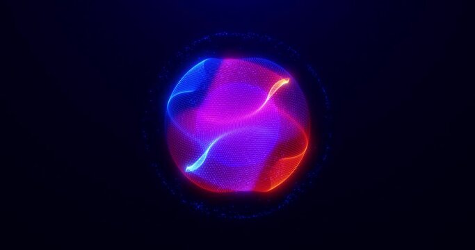 Abstract glowing sphere, energy ball shines brightly with rays of light, magic plasma ball,.waves from particles and dots, atomic science abstract background, seamless loop