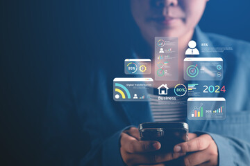 2024 business concept, businessman or engineer Show the trend of driving digital currency to develop online business.	
