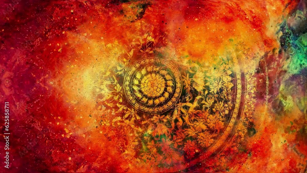 Poster filigrane floral ornament with mandala shape on cosmic backgrond. loop animation.