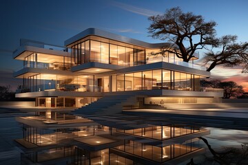 Obraz premium modern house with pool and beautiful landscaping