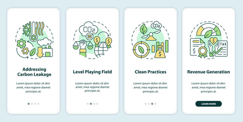 Linear icons representing carbon border adjustment mobile app screen set. 4 steps graphic instructions, UI, UX, GUI template.