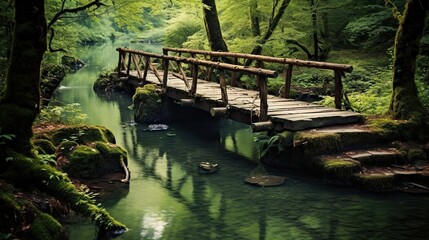 Fototapeta na wymiar Wooden bridge over a river in the forest. Nature composition