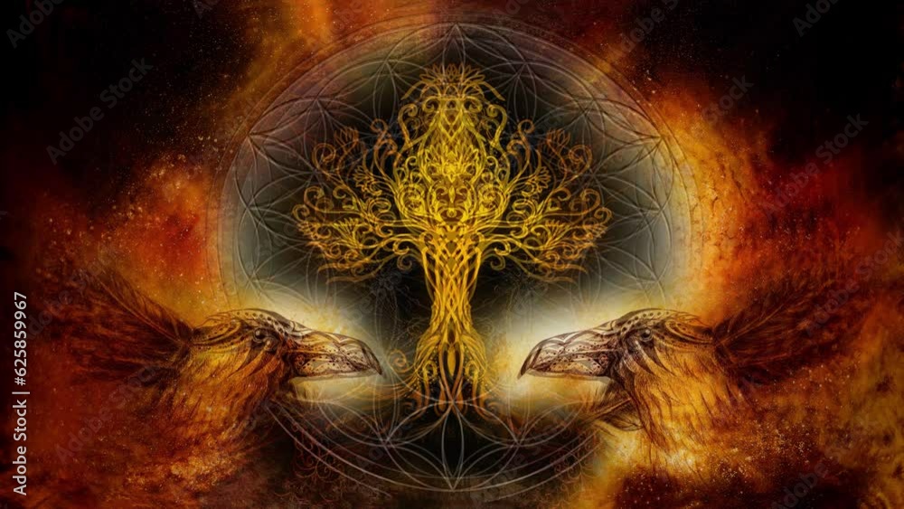 Poster pair of ravens with tree of life and sacred geometry flower of life symbol, space background. loop a