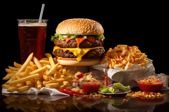 Junk Fast Food Hamburger And French Fries Sugary Juice Bad Health Diet Habits Generative AI Illustration